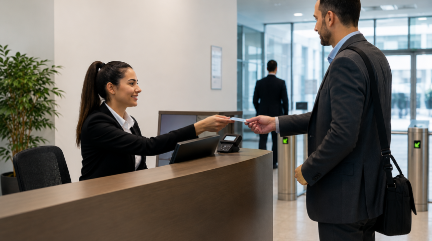Personal de control de accesos para empresas atendiendo a un visitante en la recepción de un edificio de oficinas en Madrid